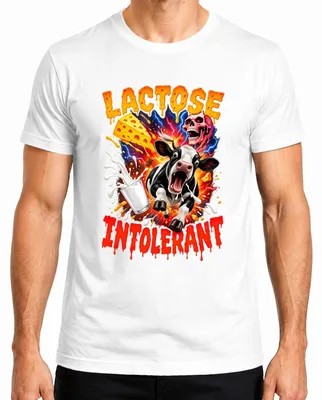 Zdjęcie produktu dla T-shirt męski, biały, rozmiar S, z motywem: "Intolerancja laktozy: krowa, mleko, ser, humor". (Dla osób z nietolerancją laktozy)