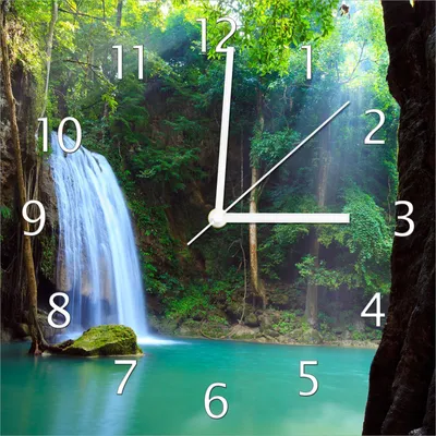 Produktbild von Wallario Design Wanduhr Wasserfall im Wald am See  Idylle in Thailand aus Echtglas, Größe 30 x 30 cm