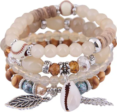 Produktbild von 4 Teile/satz Böhmischen Frauen Kauri Muschel Blatt Charme Candy Perlen Elastische Armband-Beige