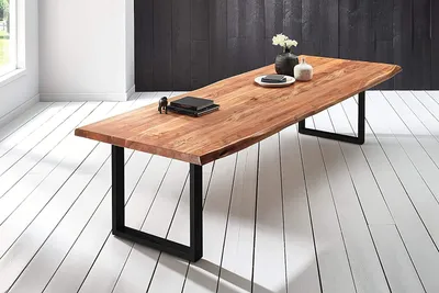 Produktbild von XL-Esstisch 260x120 cm Bob, Akazienholz naturfarben & massiv, Baumkantentisch mit U-Gestell aus Metall Schwarz, echte Baumkante, Platte 50mm