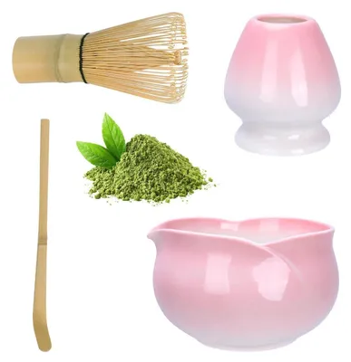Image de Ensemble Matcha Rosa, 4 pièces : bol en céramique en forme de fleur, verseur, fouet, support et cuillère