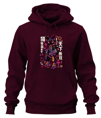 Obrázok produktu pre Anime, mačka, streetwear, japonský štýl Harajuku, Japonsko, Y2K, mikina s kapucňou s motívom mangy, bordová farba, veľkosť L