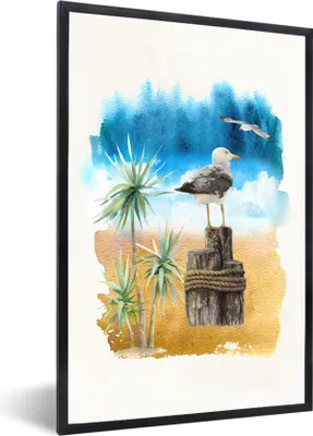 Produktbild von MuchoWow® MuchoWow® Gerahmtes Poster Vogel - Baum - Strand - Aquarell 60x90 cm - Poster mit zchwarzem Bilderrahmen - Kunst
