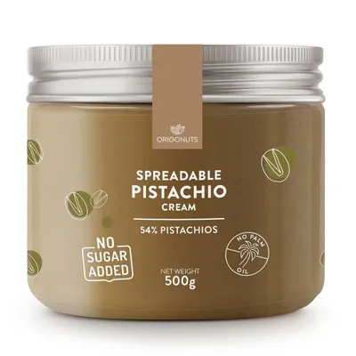 Zdjęcie produktu dla ORIGONUTS, Pasta Pistacjowa 54% Pistacji, Krem Pistacjowy, Bez Cukru, 500 g