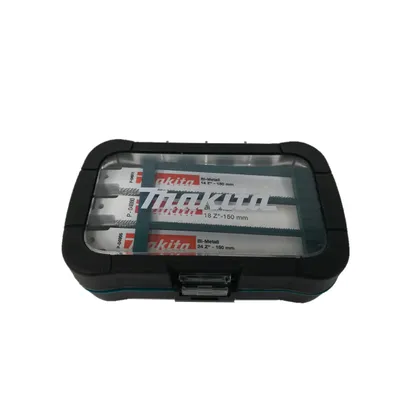 A set of Makita reciprocating saw blades in a black plastic case with a clear lid.