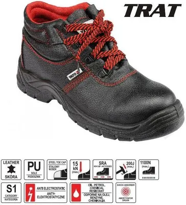 A studio product shot of a black work boot with red laces and stitching, presented with a white background and informational icons at the bottom.