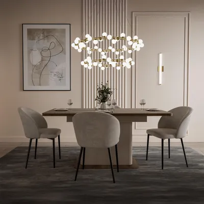 Produktbild von Forte LACETTI Esstisch 160, moderner, ausziehbarer Esstisch, Wohnzimmer, Esszimmer, Kaschmir| Beige mit Valencia Eiche Holzdekor, 160 (200) cm breit x 76,4 cm hoch x 90 cm tief