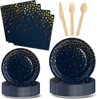 Produktbild von 144-teiliges Geschirrset zum Geburtstag in Marineblau und Gold