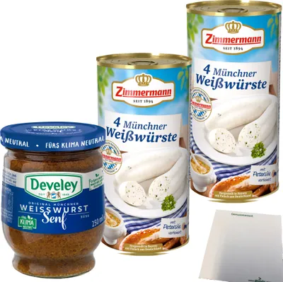 Produktbild von Develey Münchner Weißwurstsenf 250ml + 8 Zimmermann Weißwürste (2x530g) Dose usy