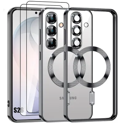 Image de Coque + 2 Verres Trempés pour Samsung Galaxy S26, Protection Transparente avec Anneau Magnétique Contour Noir