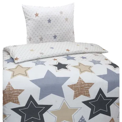 Produktbild von Hochwertige Biber Bettwäsche Baumwolle Sterne Blau Beige 135x200 80x80: 2tlg.