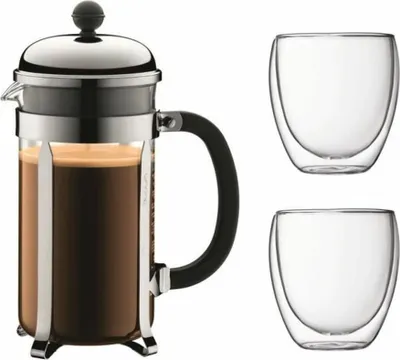 Produktbild von Bodum CHAMBORD Set Kaffeebereiter, 8 Tassen, 1.0 l und 2 doppelwandigen Gläser, 0.35 l, Polycarbonat, Edelstahl