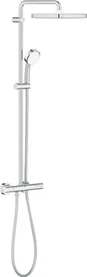 A chrome shower system with a rain showerhead and a handheld showerhead, mounted on a vertical bar.