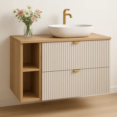 Produktbild von WENA Waschtischunterschrank 100 cm, geriffelte Fronten, Griffe aus Metall in der Farbe Gold (Farbe: Kaschmir, Eiche Regal und Holzplatte)