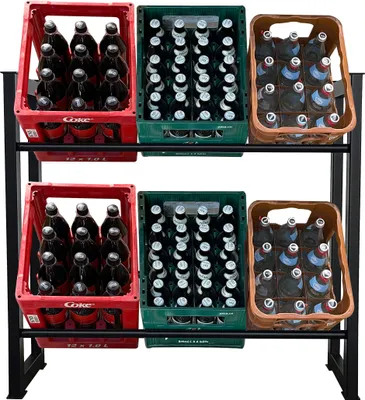 A metal shelving unit holding six crates of bottled drinks.