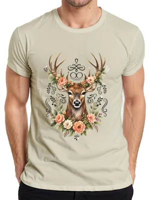Produktbild von Eleganter Hirsch Blumenkranz Geweih Wald Boho Natur Lederhose Reh Herren T-Shirt, Natur, 3XL