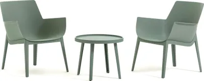 Image de Lot de 2 fauteuils de jardin en plastique renforcé de fibre de verre avec table assortie – design moderne, ergonomique et résistant aux intempéries, idéal pour le jardin, la terrasse et l'espace piscine – BETTY – Sauge