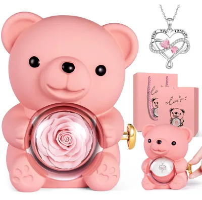 Ewiger Rosenbär Geschenkbox mit Halskette, rosa