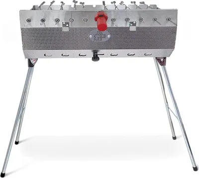 A stainless steel grill with foldable legs on a white background.
