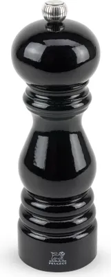 A black Peugeot pepper mill on a white background.