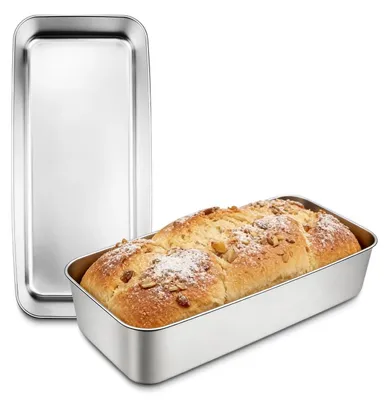 Immagine prodotto di 2 teglie rettangolari in acciaio inossidabile per pane, dimensioni 33x15x6,7 cm, ideali anche per preparare il "Leberkäse"