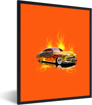 Produktbild von MuchoWow® Gerahmtes Poster Auto - Flammen - Orange - Feuer - Vintage 60x80 cm - Poster mit Schwarzem Bilderrahmen Wandposter Rahmen Foto Bilder - Premium - Wanddeko Wohnzimmer