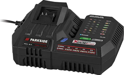 A black Parkside Performance smart battery charger is shown from a front-diagonal angle.