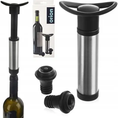 A product shot of a wine vacuum pump set with accessories and packaging.