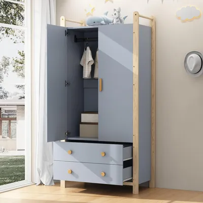 Produktbild von STILVORA Kleiderschrank mit Kleiderstange,Flurgarderobe mit 2 Türen&2 Schubladen,Aufwahrungschrank aus MDF,Blau