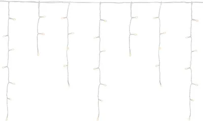 A string of white LED icicle lights hanging down against a white background.
