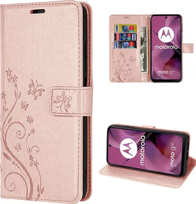 Collage of a rose gold phone case for a Motorola Moto G55, showing its front, interior with card slots, and a phone inside.