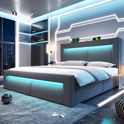 Image de Lit double 160 x 200 cm, lit rembourré avec rangement, lit à réglage hydraulique, éclairage LED, ports de recharge USB/Type-C, tête de lit, velours, gris, sans matelas