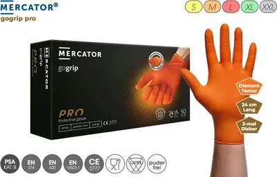 Produktbild von MERCATOR GoGrip černé nitrilové rukavice s diamantovou strukturou, 1 krabička = 50 rukavic, nepudrované a silné