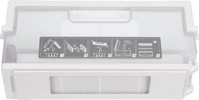 A dustbin for a robot vacuum cleaner with instructional graphics on it.
