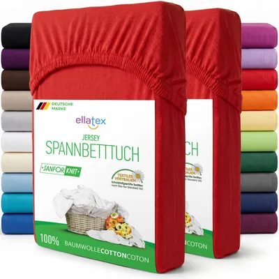 Produktbild von EllaTex 2er Pack Jersey Spannbettlaken 180x200–200x200 Baumwolle – Spannbetttücher Set mit Rundumgummi, in Farbe: Rot