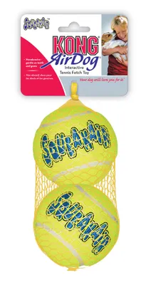 Imagen del producto de Juguete para perros KONG, modelo AirDog Squeakair, pelotas chirriantes, tamaño L (8 cm), paquete de 2 unidades con red