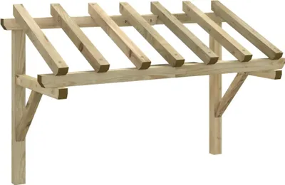 A wooden pergola structure against a white background.