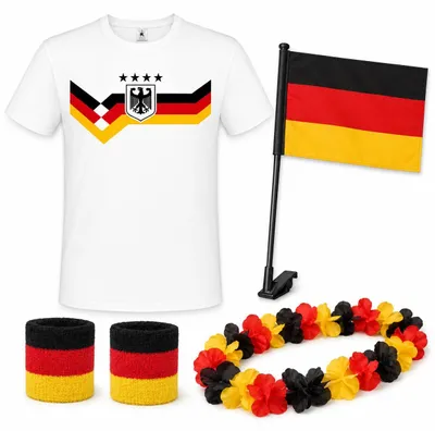 Produktbild von Deutschland Fan Set mit T Shirt, Autoflagge, 2 Schweißbändern und Hawaiikette, Fan Outfit für Fußball, Public Viewing, Fanparty, Schwarz Rot Gold, Herren Damen S - 5XL: 3XL Shirt Größe wählen: 3XL