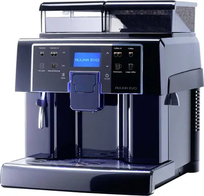 A black Saeco Aulika EVO coffee machine is shown against a black background.