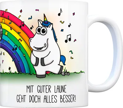 Produktbild von Honeycorns Kaffeebecher mit Einhorn Motiv und Spruch: Mit guter Laune ... Büro