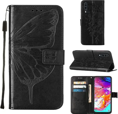 Produktbild von Galaxy A70 Hülle, Schmetterling Prägung Flip Leder Kartenfächer Schutzhülle Ledertasche mit Ständer für Samsung Galaxy A70 / A70S Schwarz