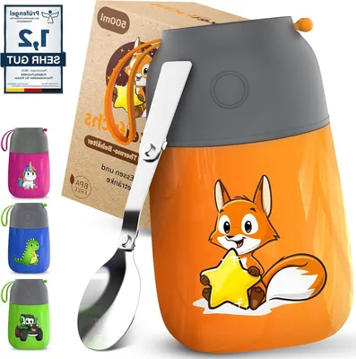 Productafbeelding van Thermocontainer voor Eten en Kinderen - 500 ml, 100% Lekvrij, Warmhoudcontainer van Roestvrij Staal - Thermobeker & Thermische Lunchbox in Oranje