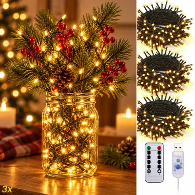 Immagine prodotto di 3 catene luminose da 10 metri con 100 LED ciascuna, luce calda, con telecomando, alimentazione USB, timer, dimmer, 8 modalità di illuminazione, ideali per decorazioni natalizie, compleanni, camere da letto, balconi