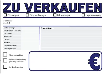 Produktbild von 100 KFZ Verkaufsschilder DIN A3 PKW Auto Verkaufsschilder Preisschilder Autohandel wagen 100AutoA3blau