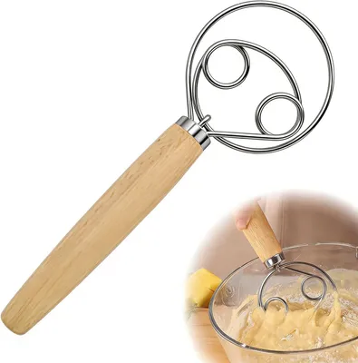 Produktbild von Teigbesen mit kurzem Griff, doppeltes Ösendesign, 304 Edelstahl, Holzgriff, kompakt, für schwere Teige