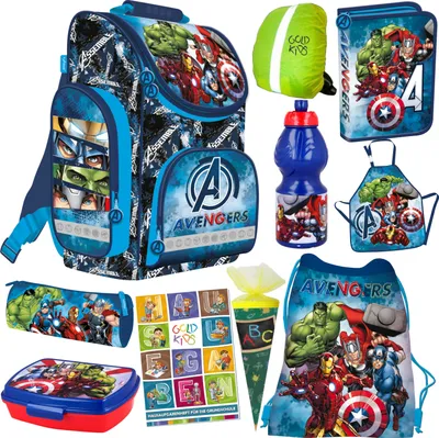 Produktbild von Schulranzen Set XL 10er Ranzen Tornister Federmappe Turnbeutel Turnsack Brotdose Trinkflasche Zuckertüte Aufgabenheft für die Grundschule Marvel Avengers Motiv
