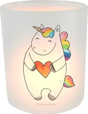 Produktbild von Mr. & Mrs. Panda Windlicht Einhorn Herz - Transparent - Geschenk, Windlicht Hochzeit, Windlicht Glas, Teelichthalter, witzig, Einhörner, Teelichtglas, Unicorn, schlimm