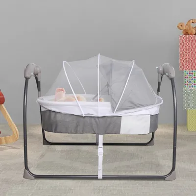 Produktbild von Babybett - Wiege - Schaukelbett für Babys - Beistellbett - Belastbarkeit: 18 kg - 3 Geschwindigkeitsstufen - Grau