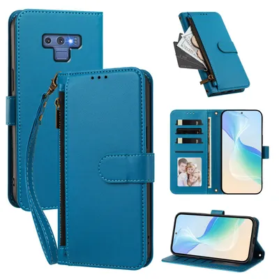 Image de Étui portefeuille pour Samsung Galaxy Note 9, en cuir PU, avec compartiments pour cartes, support et dragonne. Couleur : bleu