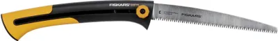 A Fiskars folding saw on a white background.